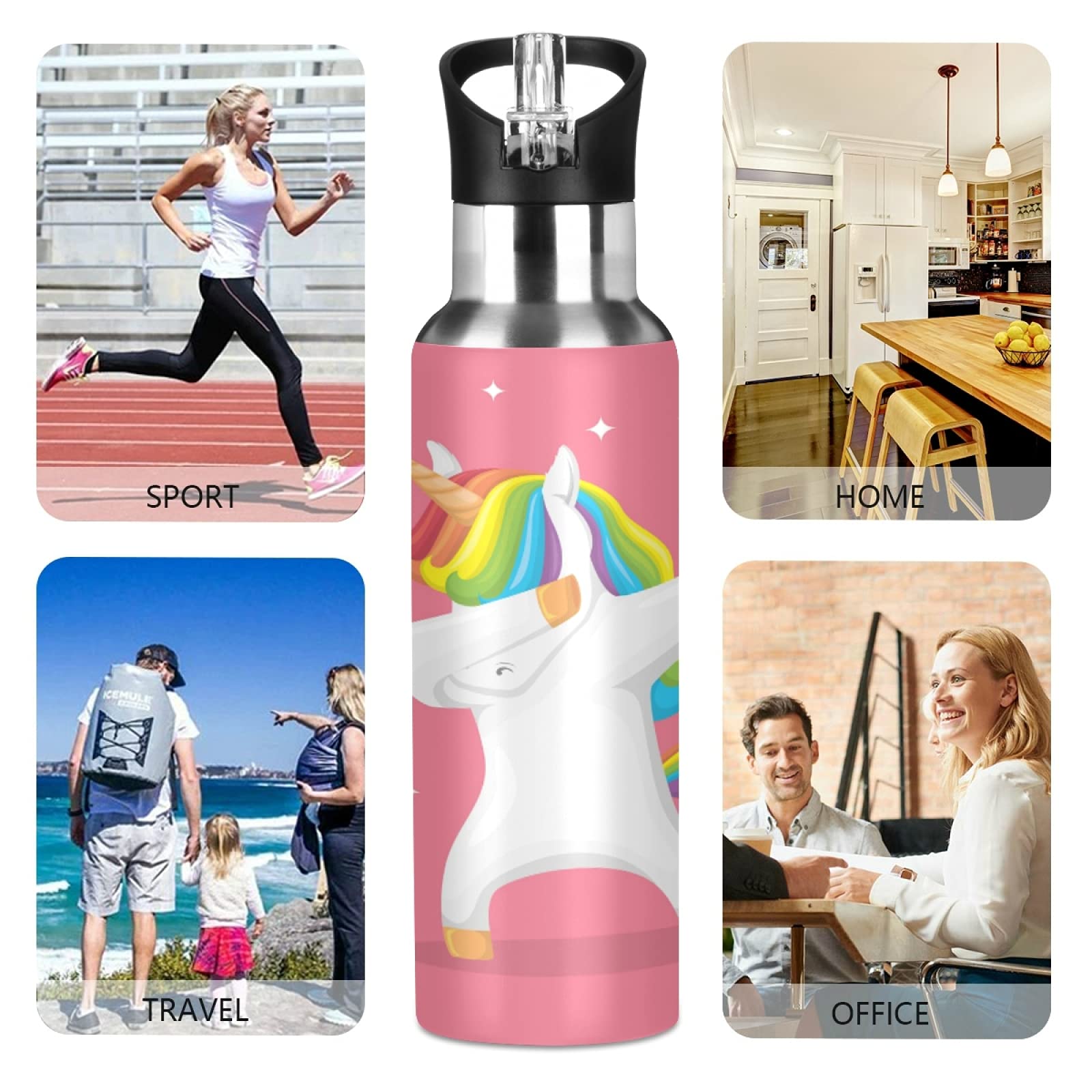 Mnsruu Arte Animale Cavallo Carino Borraccia Termica con Cannuccia Sportiva, Bottiglia Acqua in Acciaio Inox Isolato 600ML Senza BPA per Bevande Calde e Fredde per Bambini Scuola