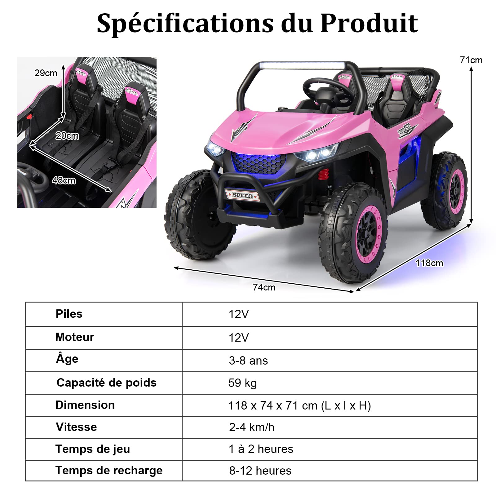 COSTWAY Voiture Electrique Enfant 12 V avec 2 Places et Télécommande 2,4G, Quad Électrique avec Démarrage Lent pour 3-8 Ans,Vitesses 2-4 KM/H,Ceinture de Sécurité Charge 59KG 118x74x71CM (Rose)