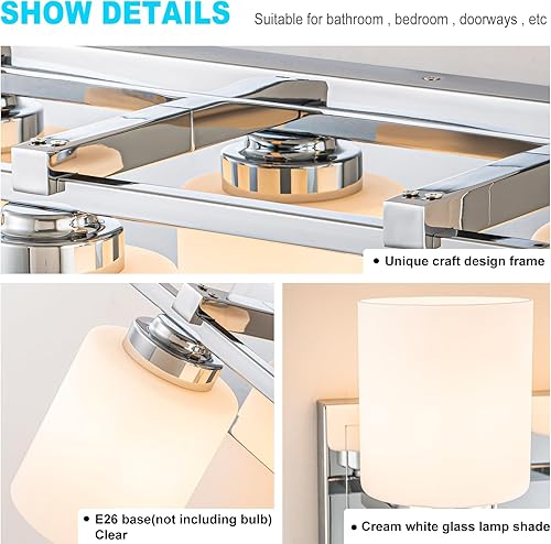 Miniatura 3 de Lámparas de baño modernas de 3 luces sobre espejo, luces cromadas para pared de baño con pantallas de vidrio blanco lechoso, enchufe E26 (bombillas