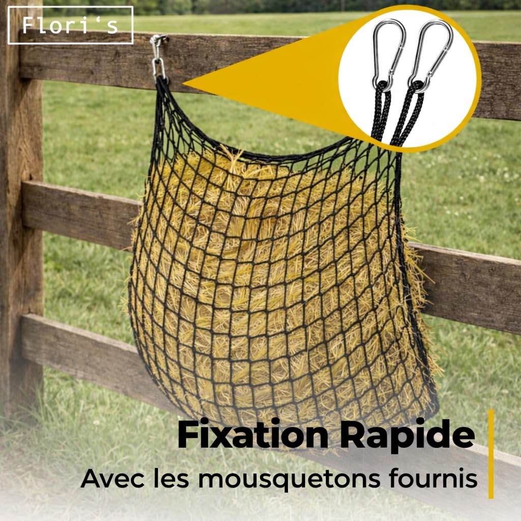 Flori's Filet à foin pour chevaux - Grand sac à foin pour chevaux - 90 × 120 cm - Maille étroite 4,5 cm - Filet à foin avec mousqueton - Environ 9 kg de foin - Slow Feeder