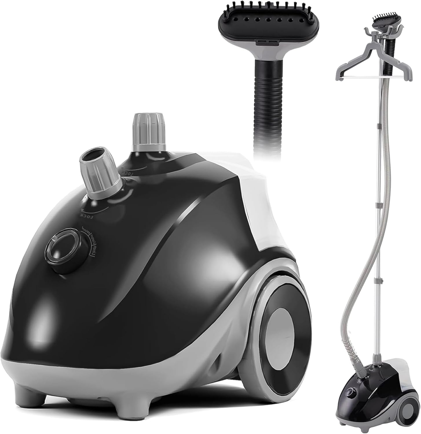 Simple Deluxe Standing Garment Steamer for Clothes with Wheels, 1500W Powerful Steam, 1.7L Water Tank for 55 Min Continuous Steaming, Adjustable Pole for Storage, Professional Wrinkle Remover, Black
