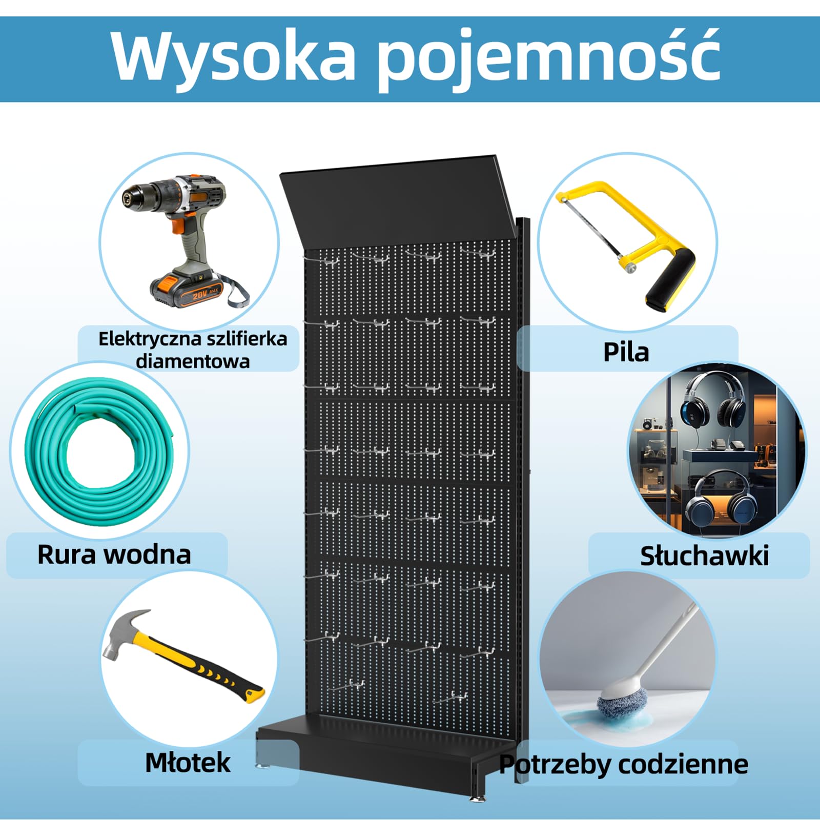 Regał na kratki, 30 haczyków, metalowy stojak (czarny uchwyt na płytę osłonową)