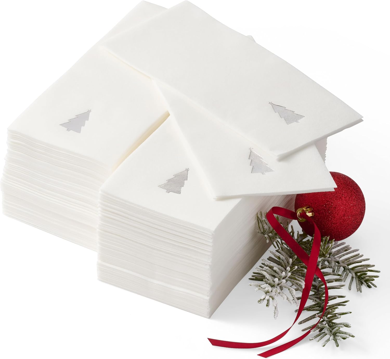 By Madee 100-Pack Christmas Napkins Disposable with Metallic Silver Stamped for Extra Fancy Look | Linen Feel Disposable Christmas Hand Towels for Bathroom (Silver Tree)