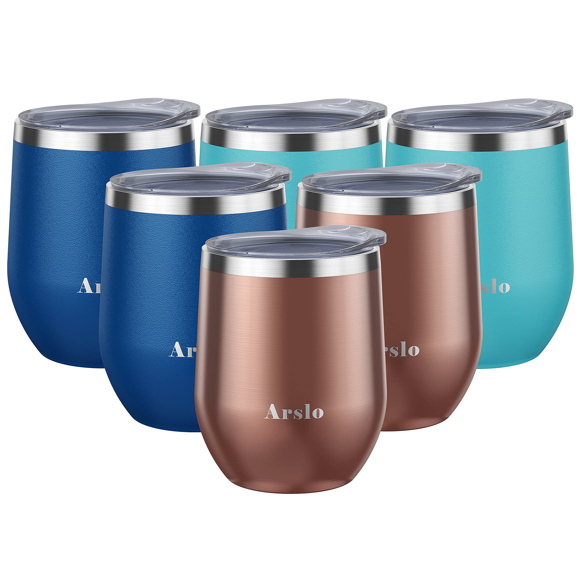 Arslo Stainless Steel Insulated Wine Tumbler, Double Wall Vacuum Wine Cups, Stemless Insulated Wine Glasses With Lid, 6 Pack, 12oz