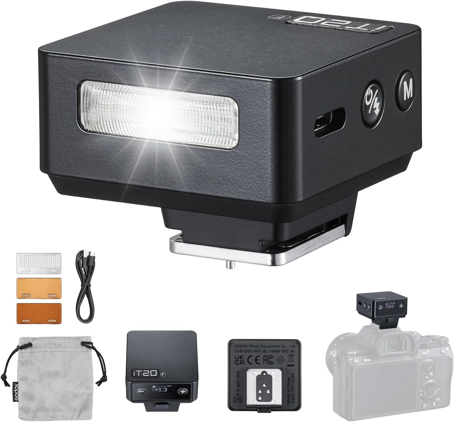 GODOX iT20 F iT20-F Mini Flash for Fujifilm, TTL Camera Flash for Fujifilm, 1.5s Recycle Time, 700 Full Power Flashes, Built-in 300mAh Battery with Magnetic Spreader & Color Filter(Black)