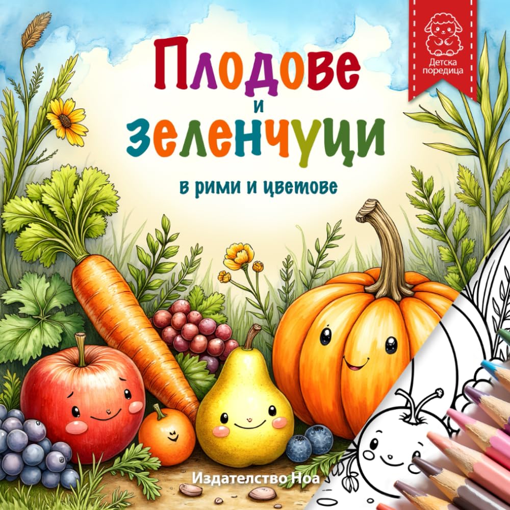Плодове и зеленчуци в рими и цветове: Спокойна и внимателно създадена книжка за оцветяване за деца от 2 до 8 години.