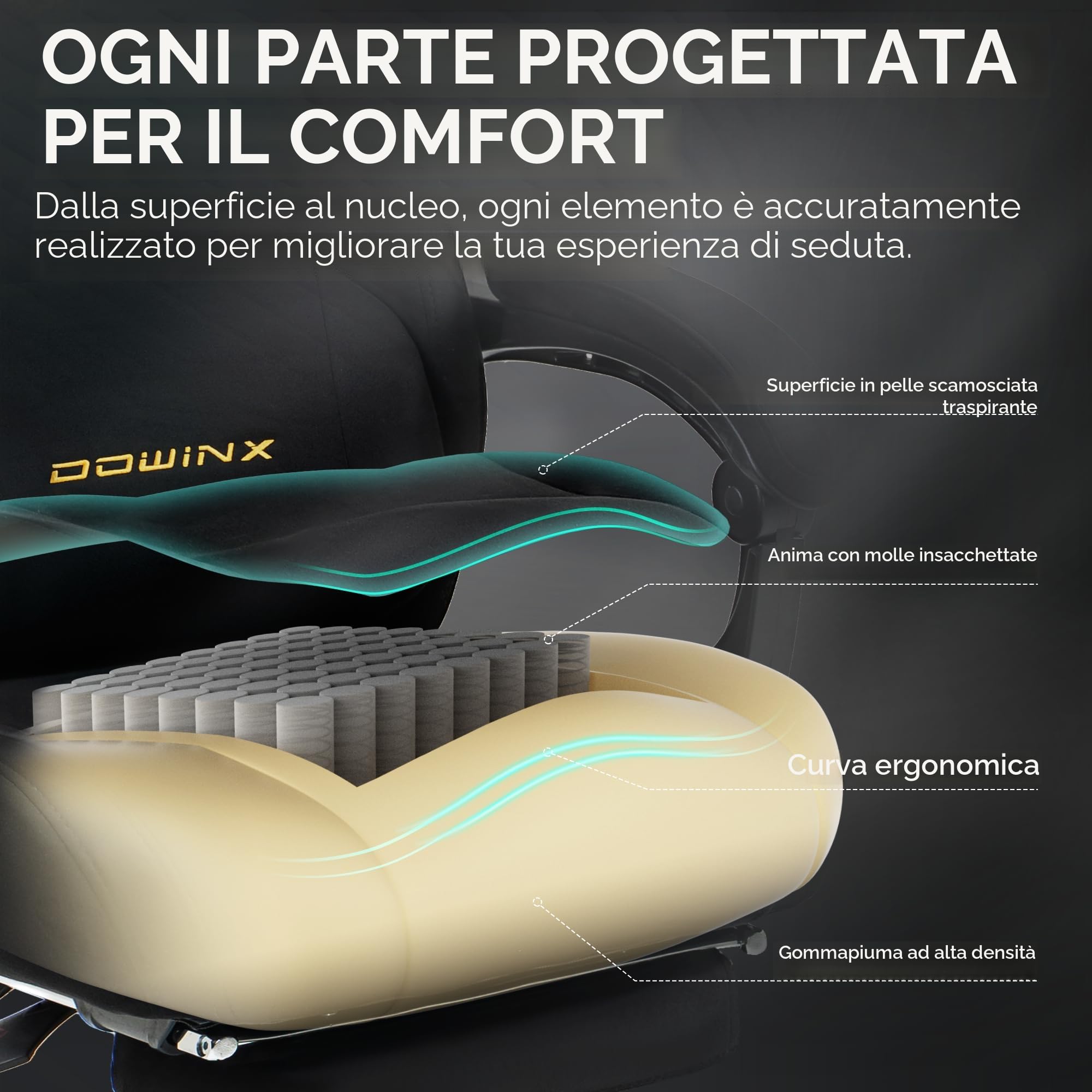 Dowinx Sedia da gaming, ergonomica, con cuscino lombare, poggiatesta regolabile in altezza, cuscino ispessito, poggiapiedi allungabile, braccioli regolabili, velluto in microfibra