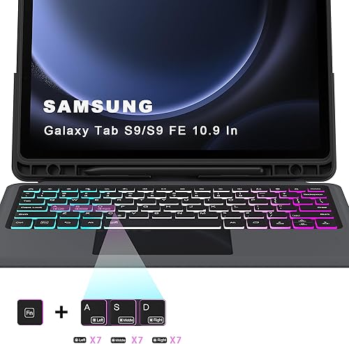 Miniatura 9 de Funda para Galaxy Tab S9 FES9 con teclado desmontable retroiluminación de 3 zonas de 7 colores, panel táctil inteligente, fundas de teclado