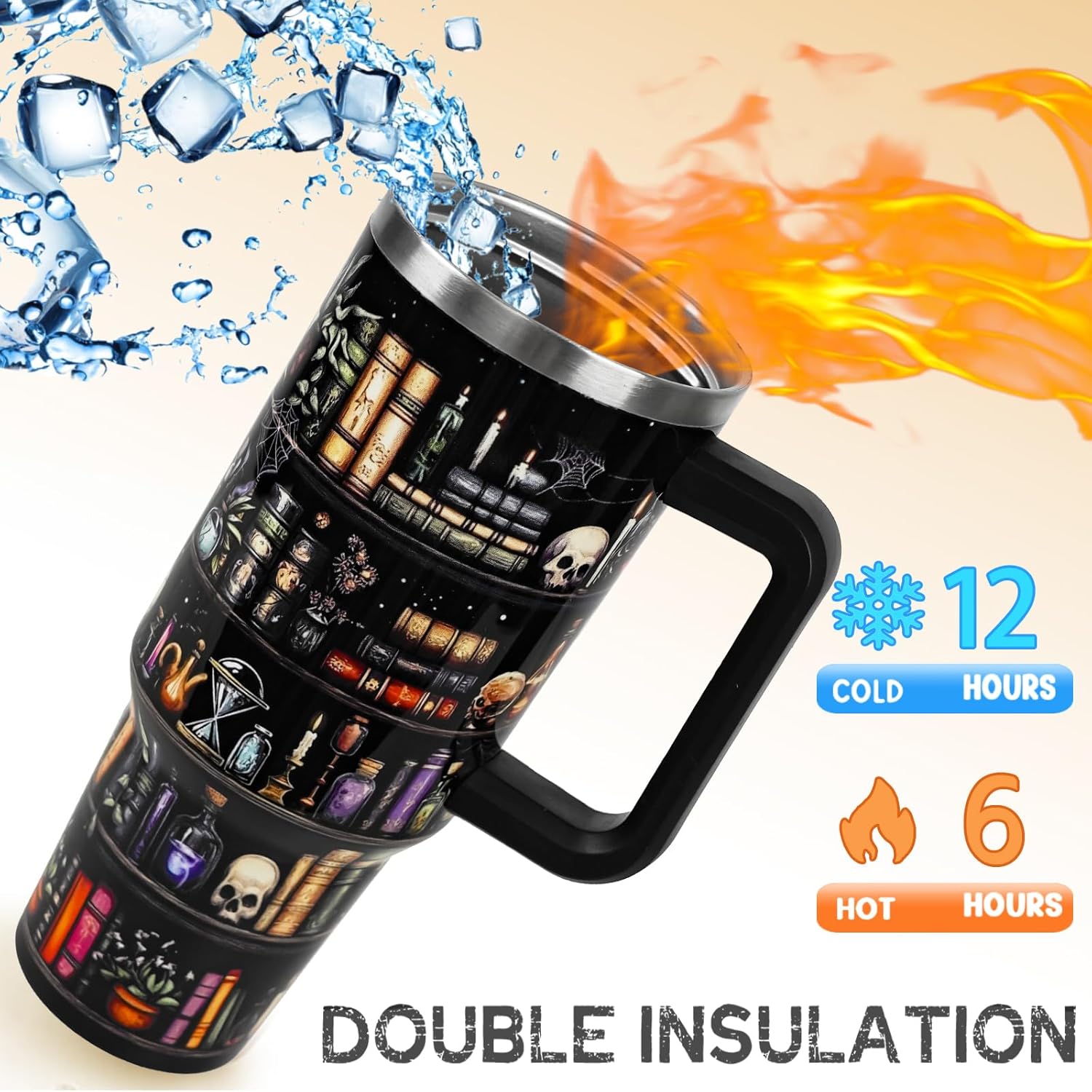 Book Lovers Gifts 40oz Book Lover Tumbler Halloween Goth Skull Bookshelf Coffee Travel Mugs Christmas Insulated Cup Gifts for Women Readers,Reading,Bookish,Librarian - Image 3