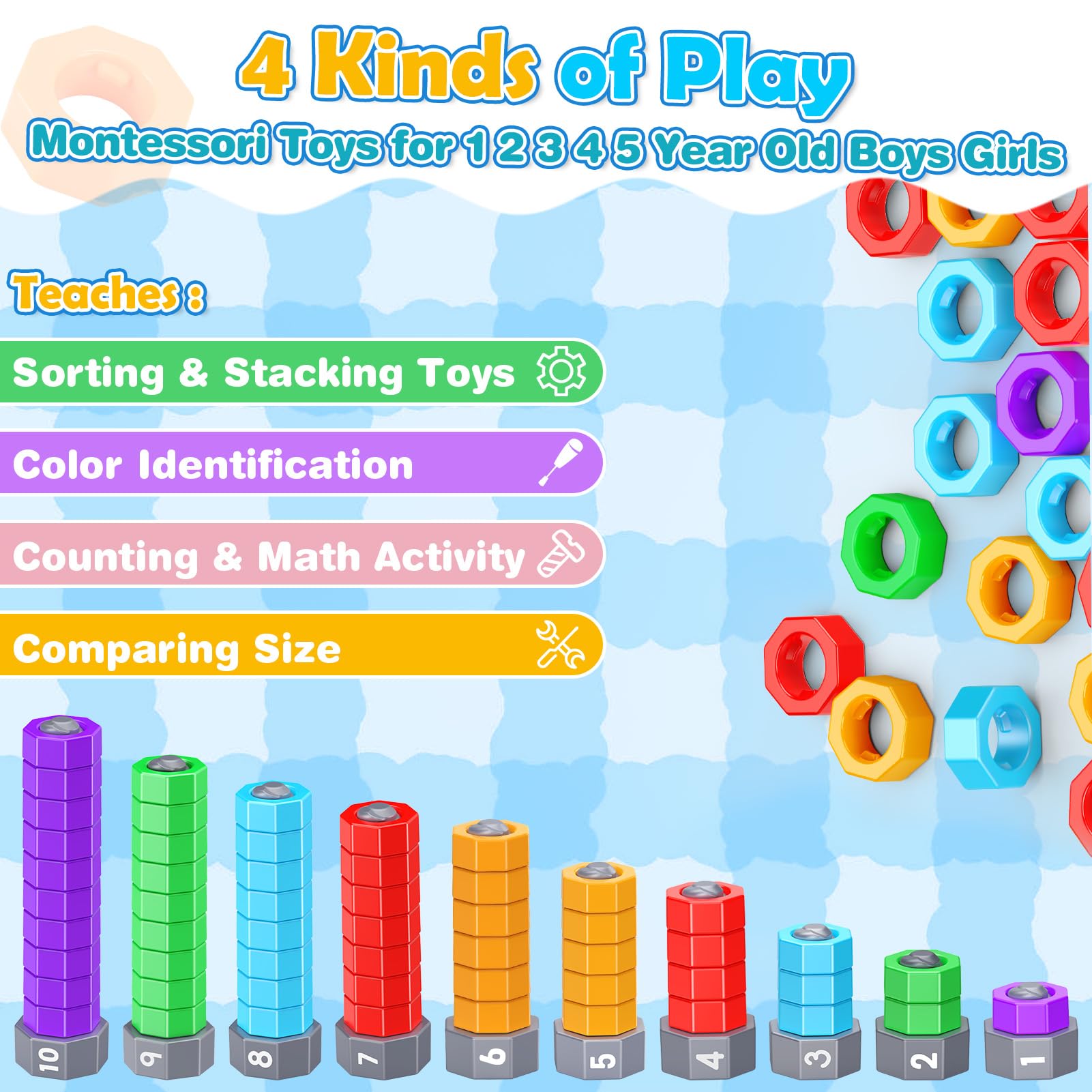 Montessori 2-in-1 Zähl- und Stapelspielzeug für Kleinkinder von 1–5 Jahren, sensorisches Spielzeug für Vorschulkinder, pädagogisches Spinnen, Lernspiele, Geschenke