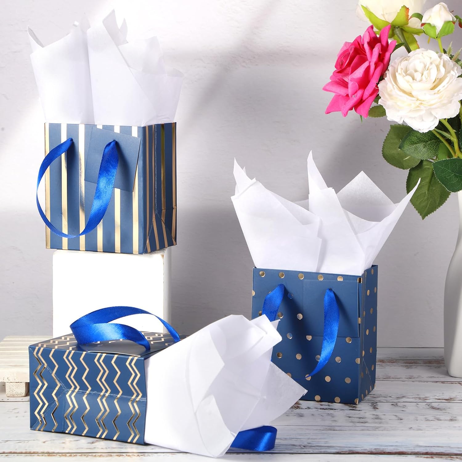 Tenare 12 Pcs Small Gift Bags Mini Metallic Paper Bag Bulk Tiny with Handle Tissue Paper for Gift Wrap Father's Day Birthday Grad Graduation Party(10.2 x 5.5 x 13 Inch,Blue Gold)