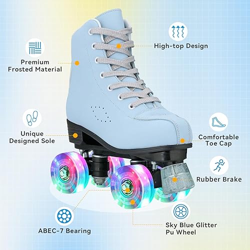 Miniatura 2 de XUDREZ Patines de ruedas para mujeres y niñas, azul cieloplateado láser, patines clásicos de doble fila de alta calidad para principiantes, patines