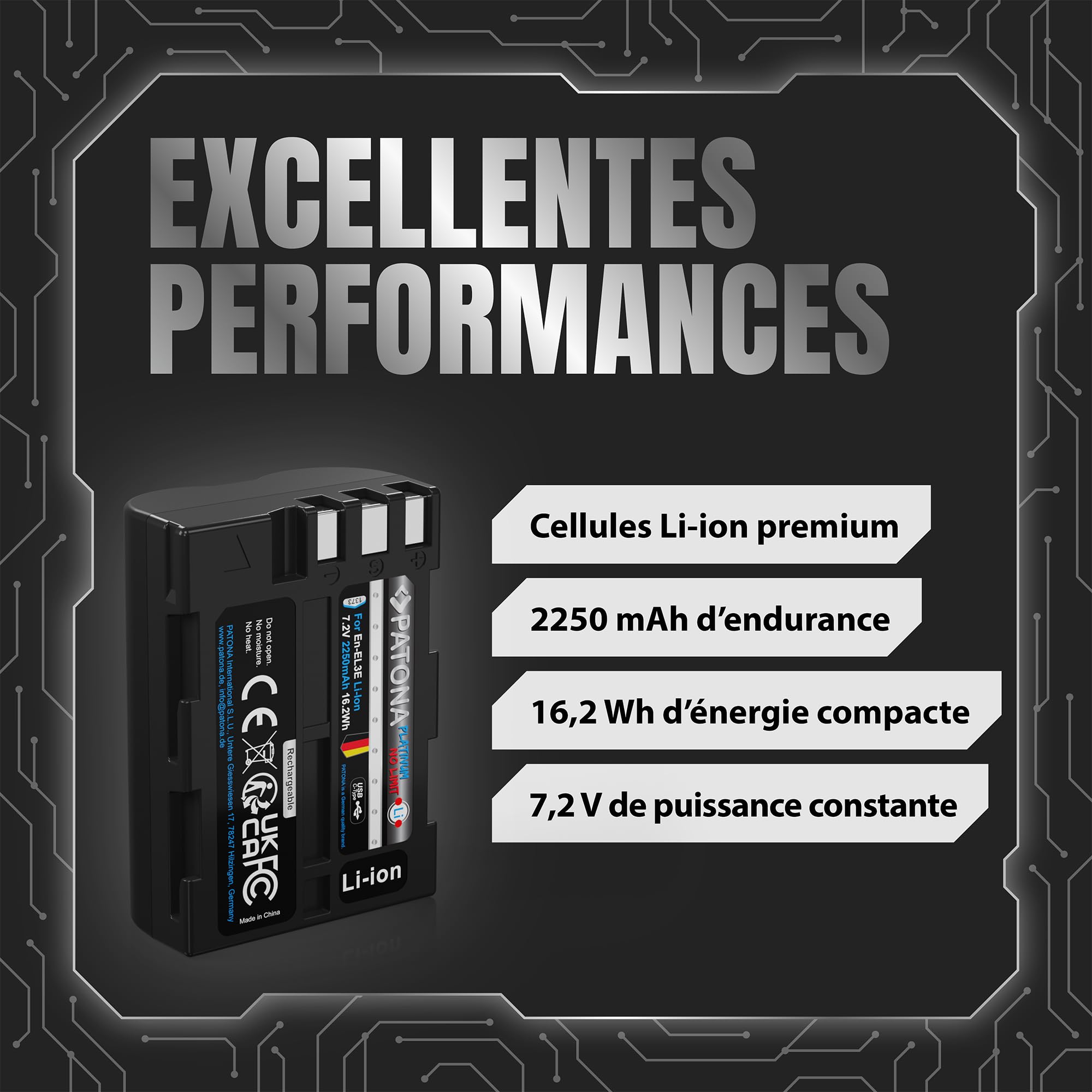 PATONA Platinum Lot de 2 Batteries EN-EL3E 2250 mAh USB-C pour Nikon