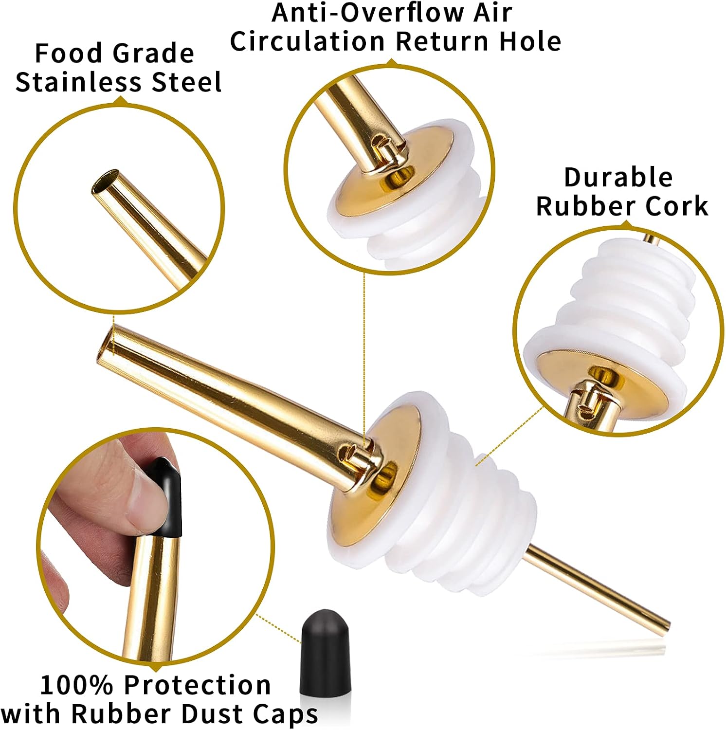 SuproBarware Liquor Bottle Pourers - Stainless Steel Bottle Pourers with Clean Bursh, Rustproof Metal Alcohol Pouring Tubes For Bars, Clubs, Restaurants & Home Use (Gold)