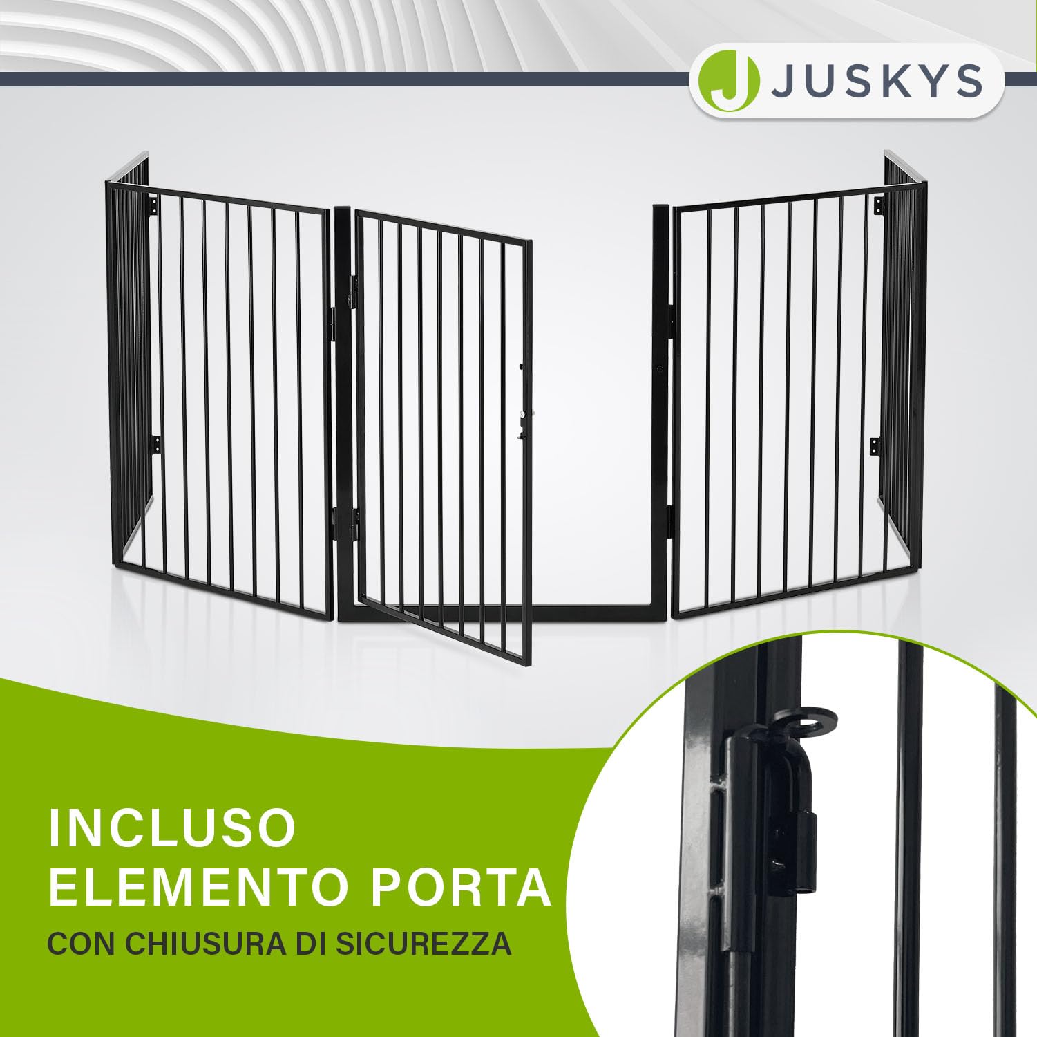 Juskys Parascintille in metallo 300 x 76 cm pieghevole - Griglia di protezione per animali - 5 elementi inclusa porta - Cancelletto di sicurezza