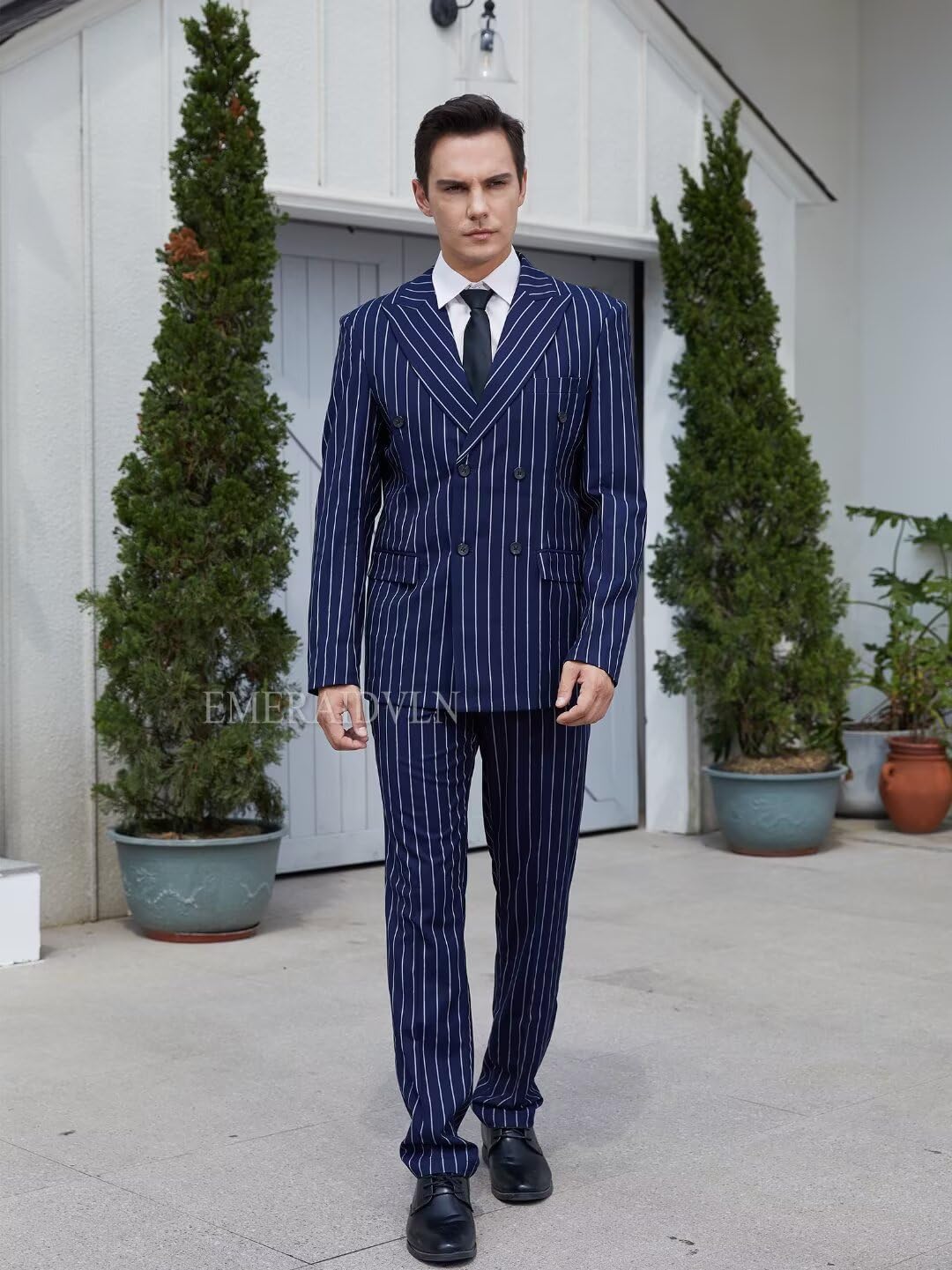 EMERAIDVLN Mens 2 Piece Suits Pinstripe Double Breasted Gomez Addams Costume Halloween Party Prom Stripe Blazer and Pants Set