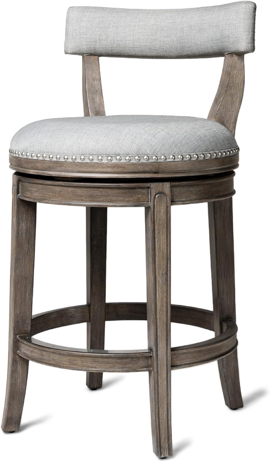 Maven Lane Alexander Counter Stool 26 Inches – Swivel Stool with Footrest – Grey Solid Wood and Grey Fabric Upholstery – Perfect for Kitchen Island and Counter