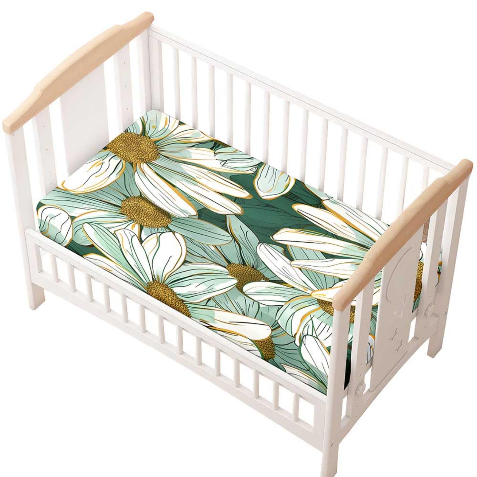 Odot Cot Bed Fitted Sheet, Moses Basket Fitted Sheet 3D Daisy Print Soft Microfibre Crib Bedsheets Bassinet Bedsheet Mattress Protector for Kids Boy Girl (Green Daisy A,60x120cm)