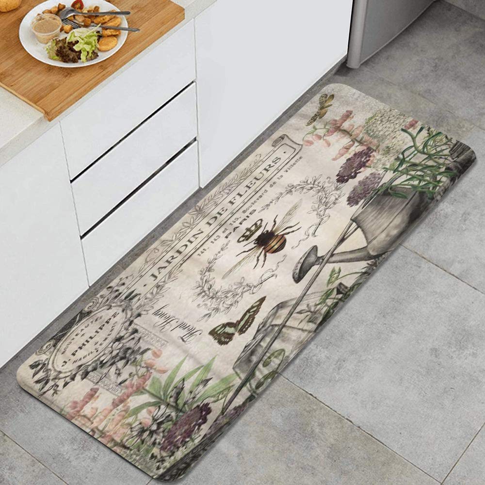 Modern French Bee Garden Vintage Queen Floral Watering Can Anti Fatigue Kitchen Mat Comfort Floor Mats Non-Slip Oil Stain Resistant Easy to Clean Kitchen Rug