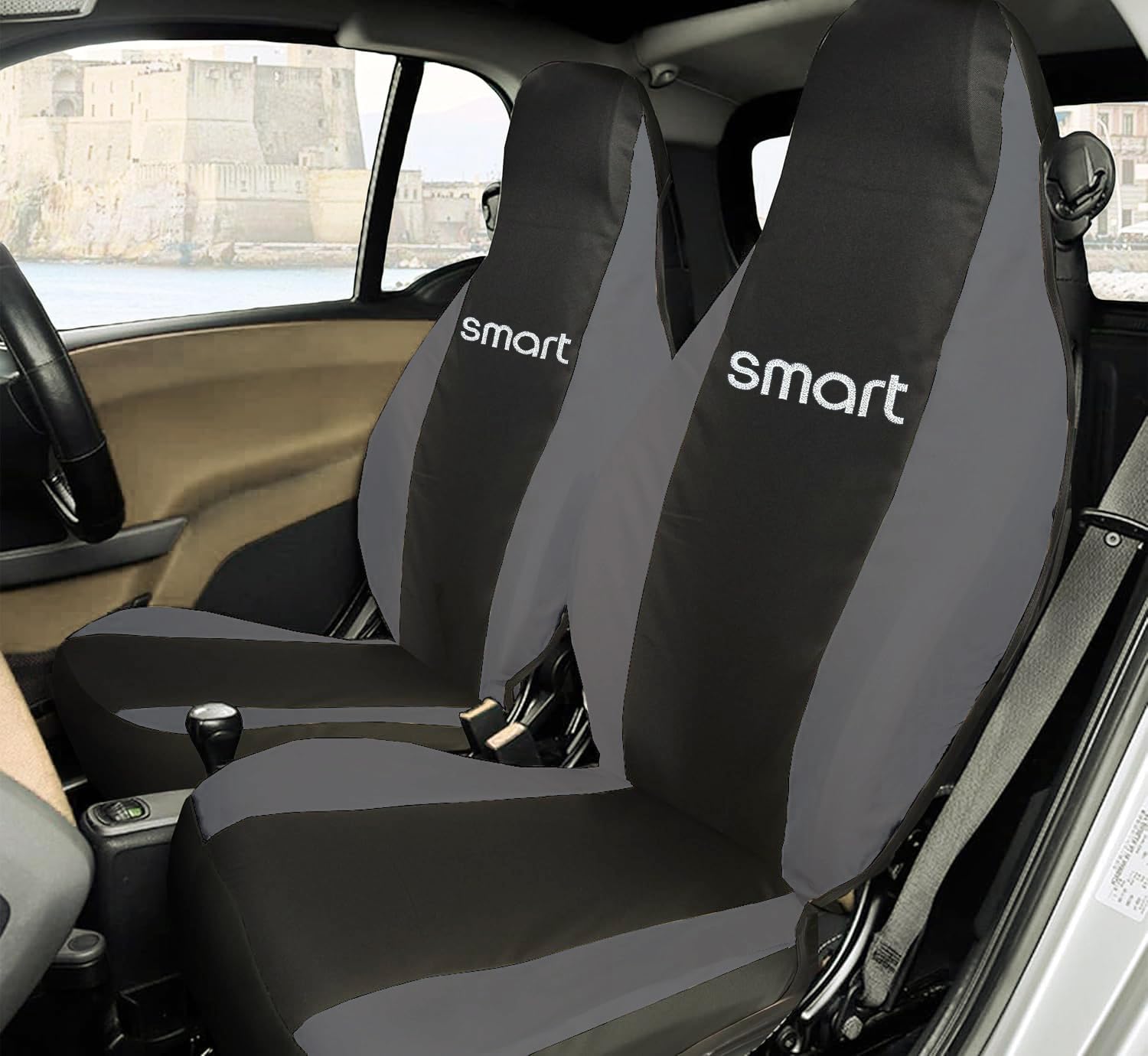 Coprisedili Auto per Smart Made in Italy Set Copri-sedile Anteriori Coppia Nero/Grigio Scuro