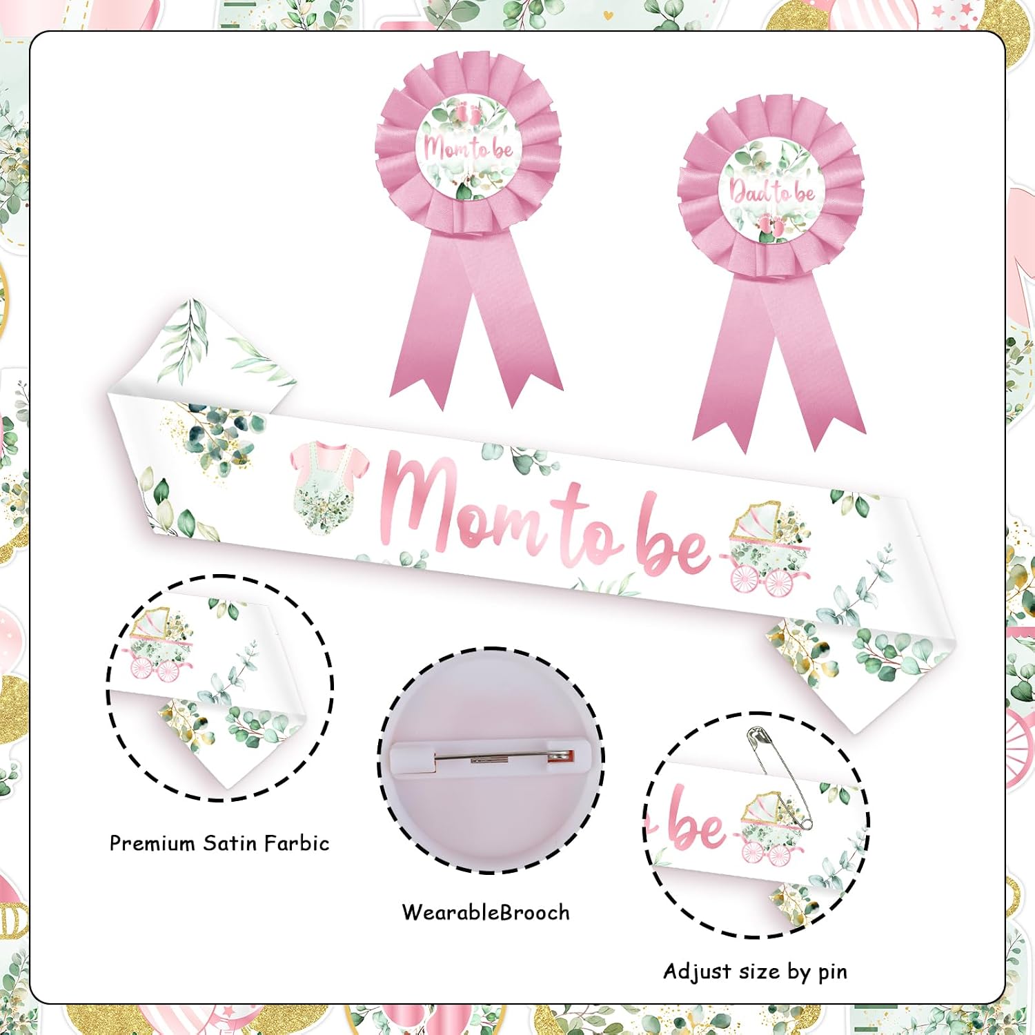 Sage Green Mom To Be Sash and Pin Set for Baby Shower, Eucalyptus Floral Sash with Mom and Dad To Be Pins for Sage Green and Pink Baby Shower Decorations Girl image 5