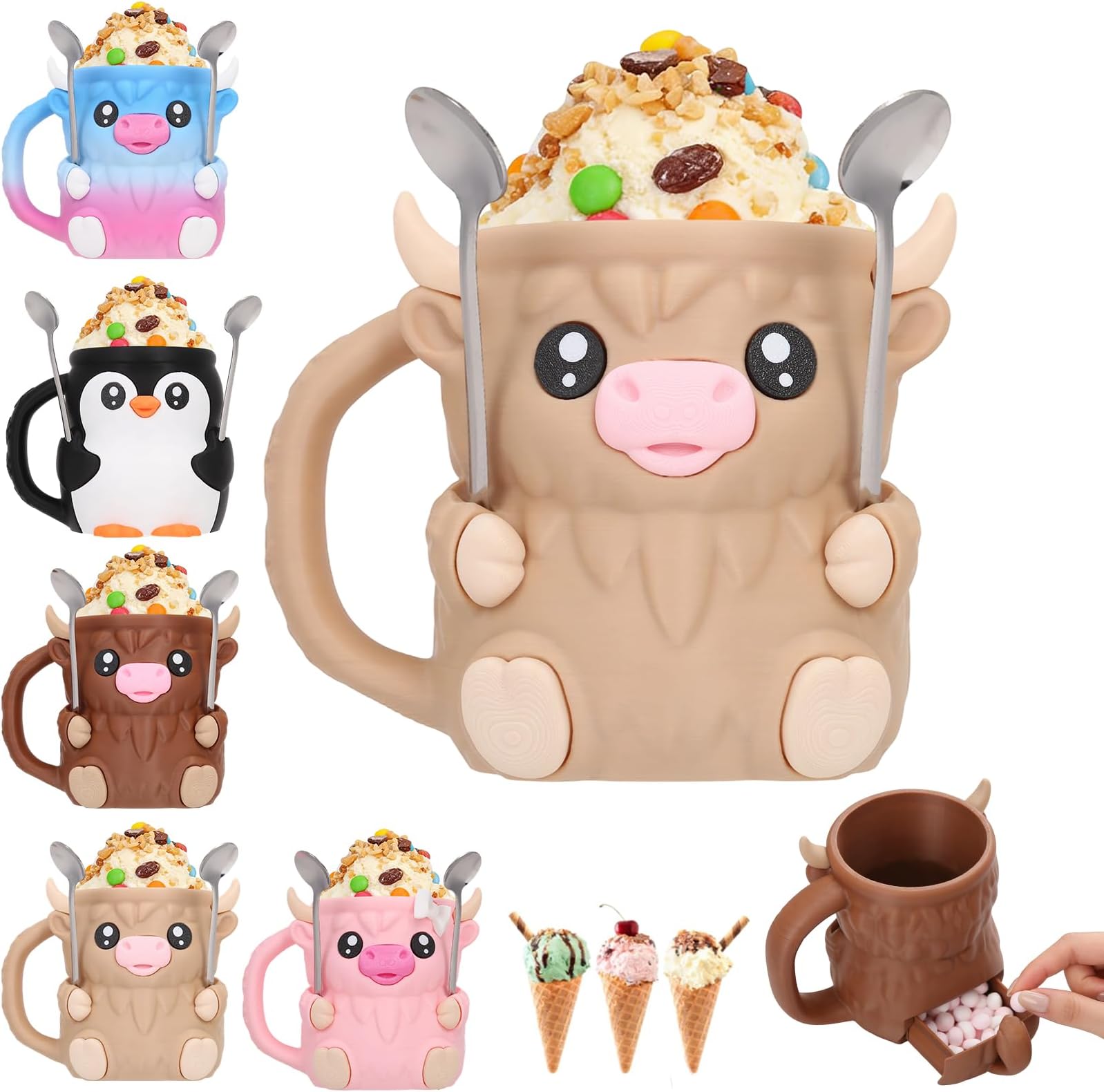 Ice Cream Pint Holder, Highland Cow Ice Cream Holder for Ben and Jerry with Handle, Ice Cream Container with 2 Spoons, Beer Can Sleeve, Ferdinand The Bull Lover Gifts (F)