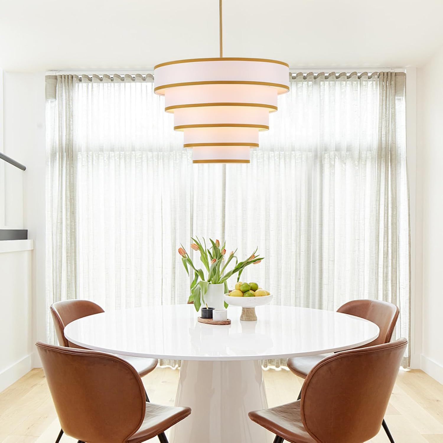 23.6" Gold Drum Chandelier with White Linen Lampshade 6-Light Modern Farmhouse Vintage Chandelier Light Fixture for Living Room, Dining Room, Kitchen Island, Entryway, Stairway