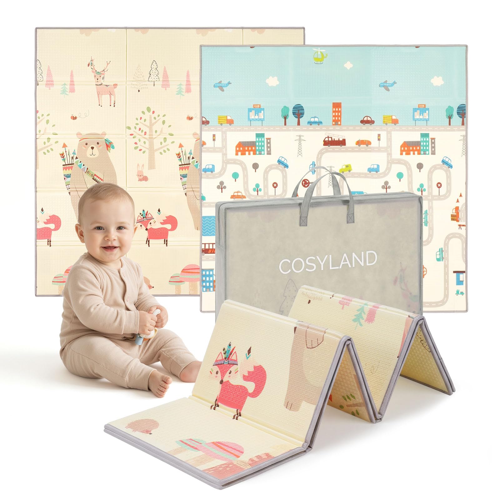 COSYLAND Alfombra Bebé Acolchada Plegable XPE Reversible, Tapete de Juegos