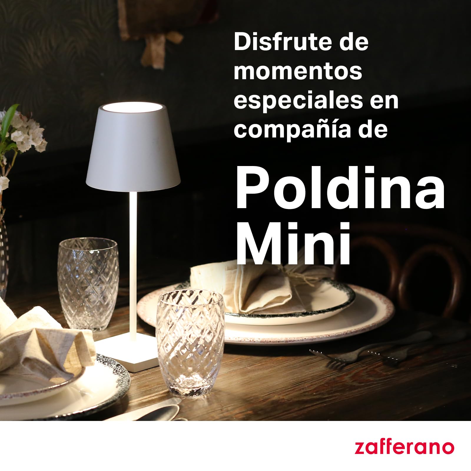 Zafferano, Poldina Pro Mini, Lámpara de Mesa Recargable e Inalámbrica con Control Táctil, También Adecuada como Lámpara de Exterior, Atenuador, 2200-3000 K, Altura 30 cm, Color Blanco
