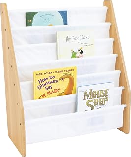 Humble Crew Extra Large 6-Tier Kids Bookshelf with Fabric Pockets - Toddler Book Rack Organizer, White/Natural Wood for Nursery Playroom