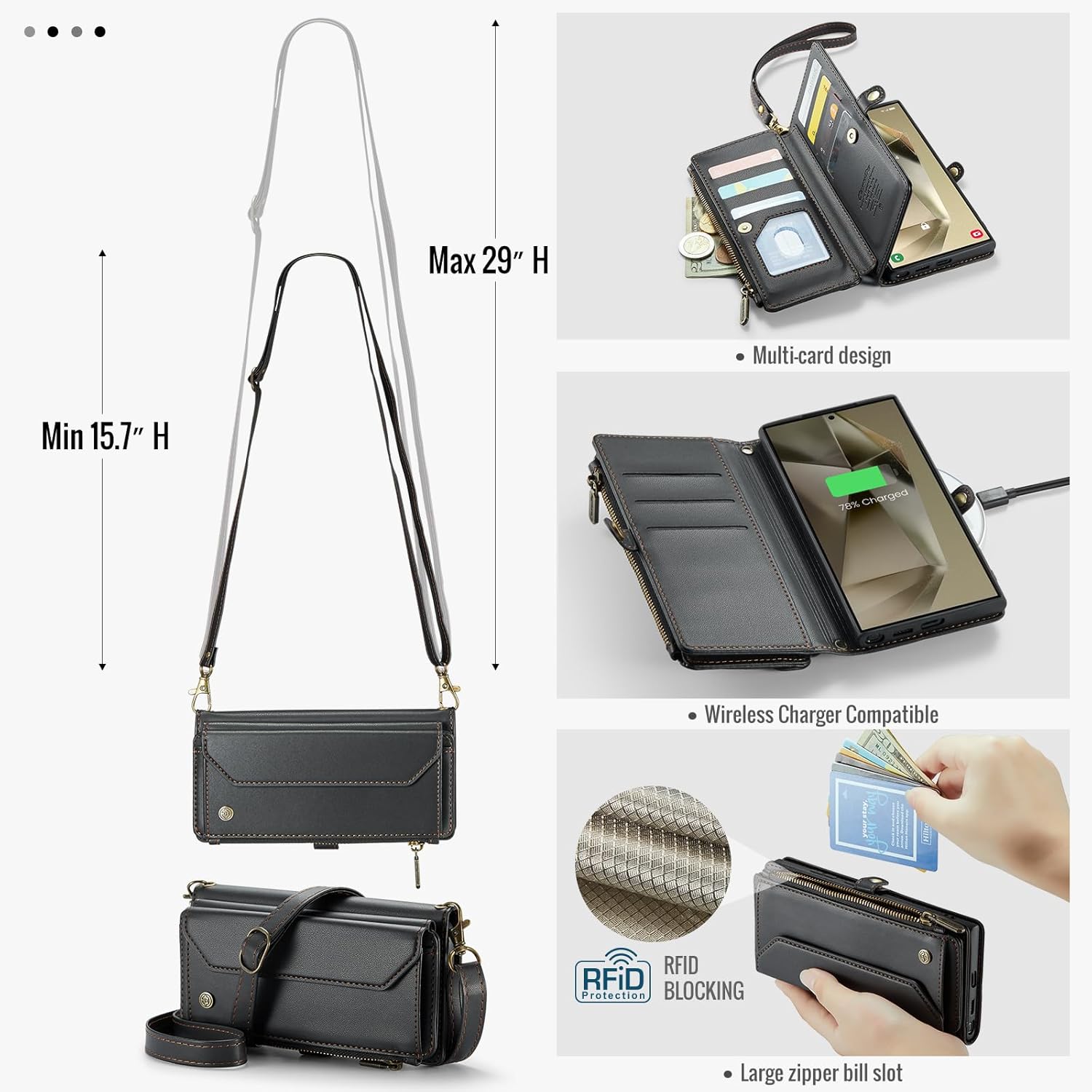 COVO for Samsung S24 Ultra Case with RFID Blocking for Samsung Galaxy S24 Ultra Wallet Case for Women Men, PU Leather Magnetic Flip Strap Zipper Card Holder Phone Case for Galaxy S24 Ultra Black
