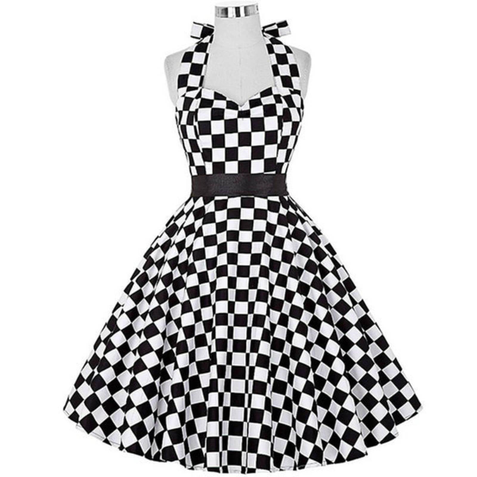 Vestito Vestito Vintage Solido Donne Sexy Polka DOT Print Halter Party Abiti Plus Size-B06,M