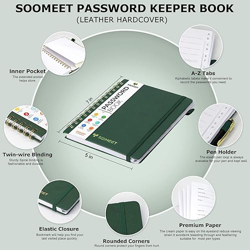Miniatura 3 de Libro de contraseñas en espiral con pestañas alfabéticas, libro de registro de 5 x 7 pulgadas para detalles de inicio de sesión de sitio web de