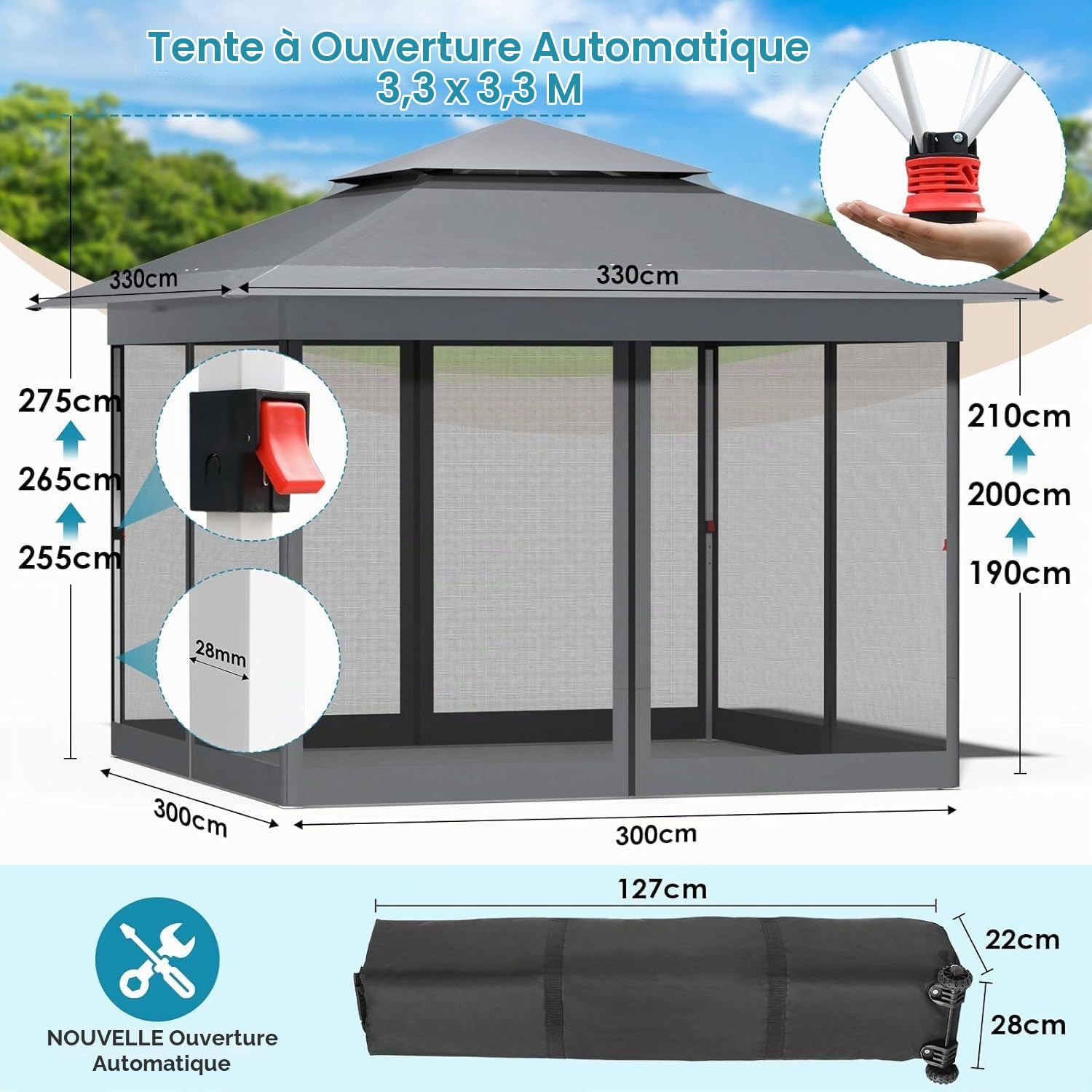 Tonnelle Pliante 3,3 x 3,3 imperméable,avec 4 Toiles Moustiquaires, One Push Tonnelle de Jardin,Tente de fête à Double Toit, 4 PCS Sacs de Sable, pour terrasse/marché/Camping/Plage, Gris Foncé