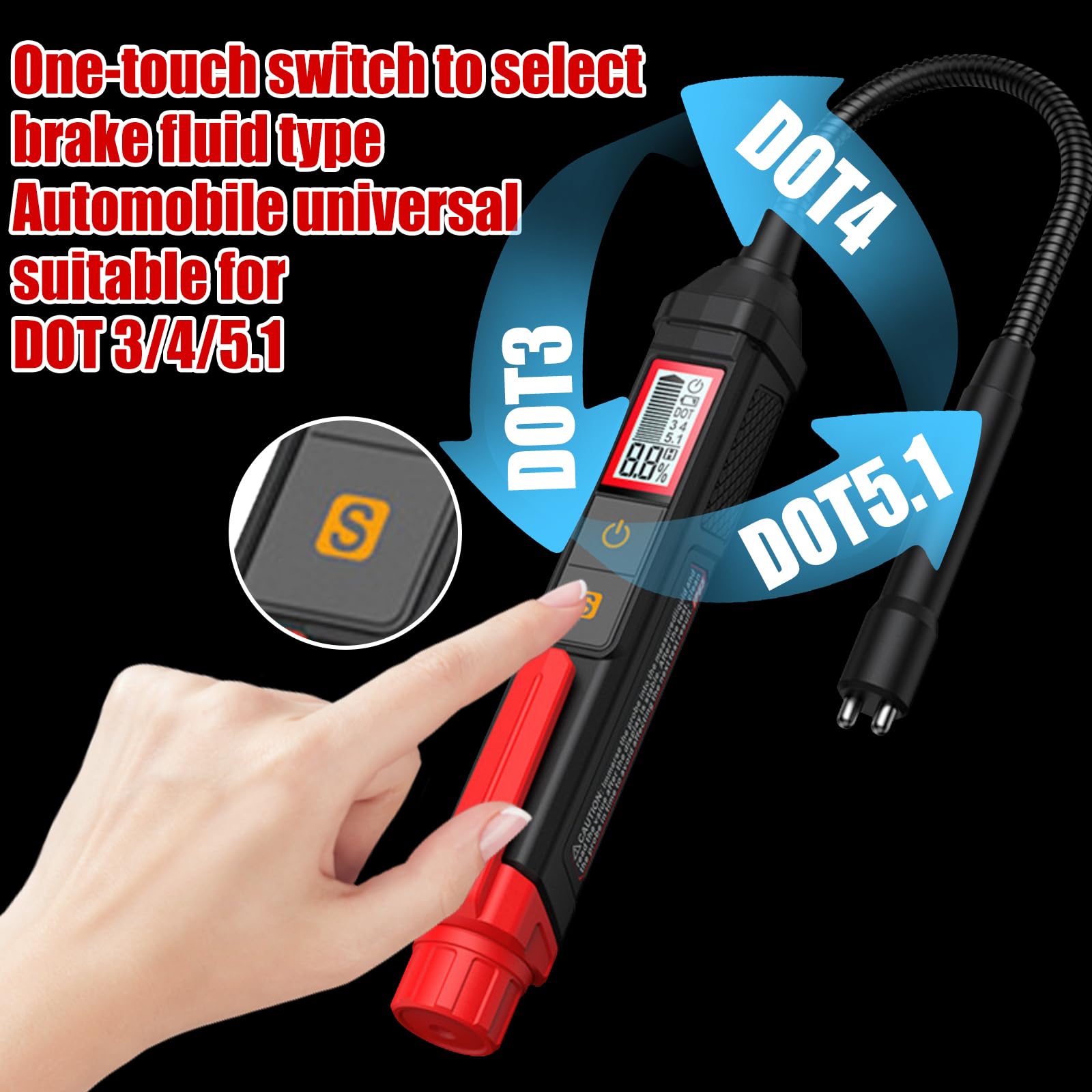 OBEST Tester Liquido Freni Adatto per Liquido Freni DOT3, DOT4, DOT5.1, Tester Olio Freni Auto Moto Universale con Display LCD, Allarme Sonoro e Luminoso, Sonda Flessibile