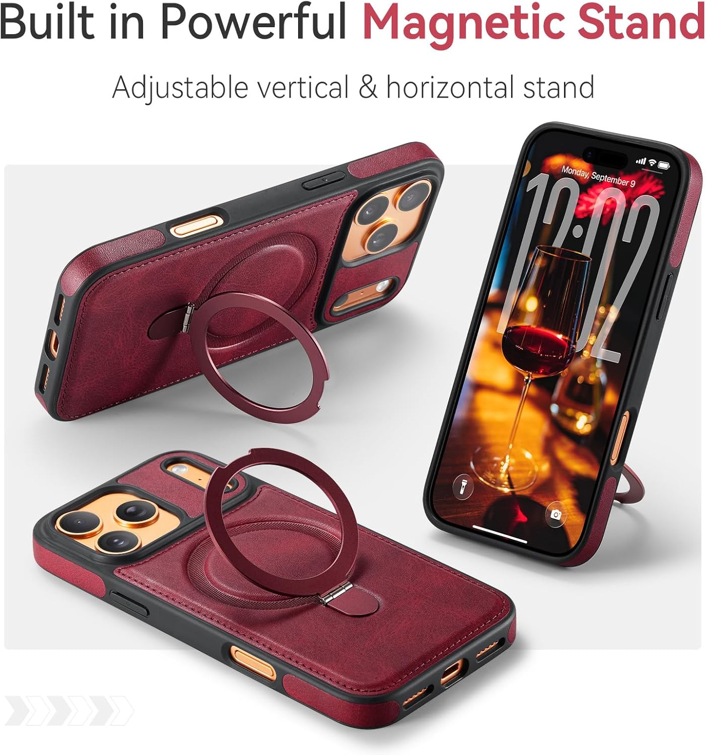 for iPhone 17 Pro Max Case with Stand, Compatible with MagSafe, Slim PU Leather & TPU Drop-Proof Protective Magnetic Kickstand Phone Cases with Tempered Glass Screen Protector 6.9", Red - Image 3