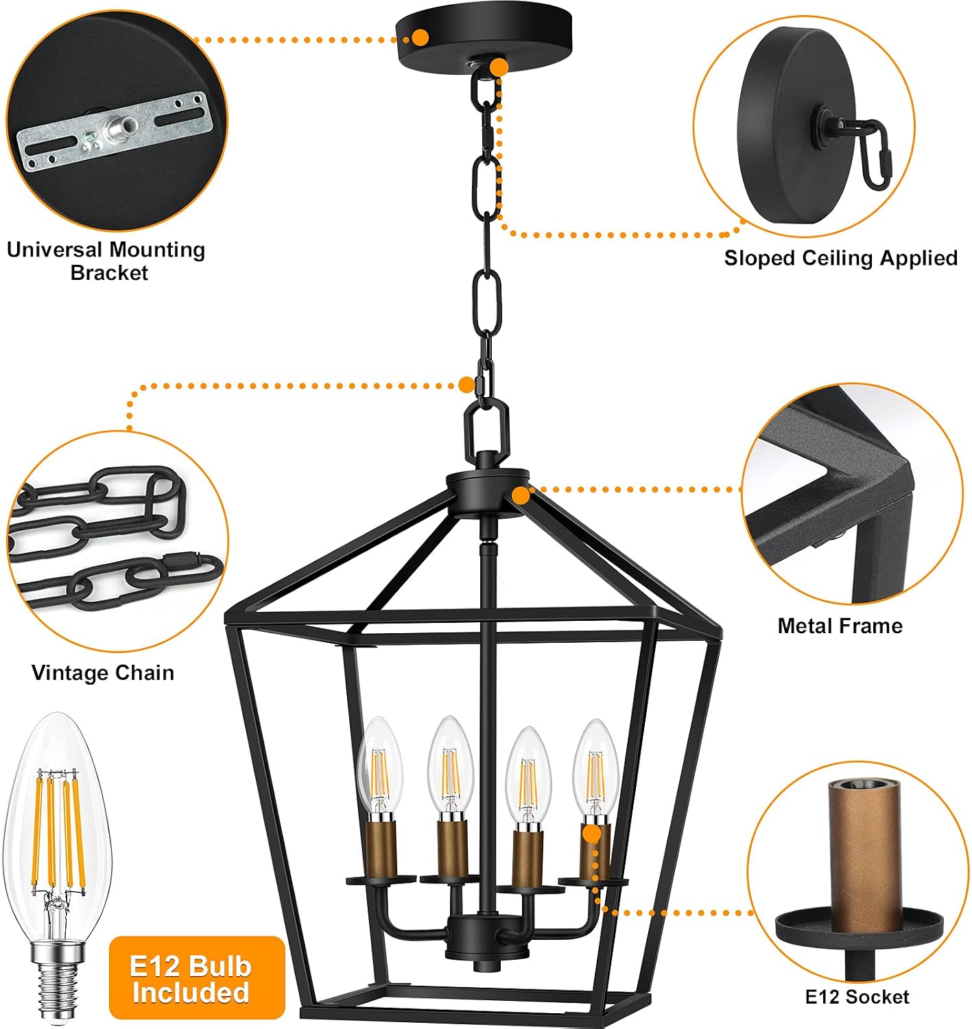Chandelier Light Fixture 4-Light Pendant Lighting Pendant Ceiling Hanging Light Fixture Modern with 4 Bulb Farmhouse Chandelier for Kitchen Island Living Room Dining Room Foyer, ETL Listed