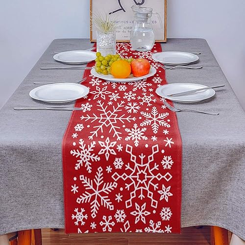 Miniatura 3 de Camino de mesa de copo de nieve de Navidad rojo para decoración del hogar, manualidades para cena familiar, fiestas, Acción de Gracias, Navidad y