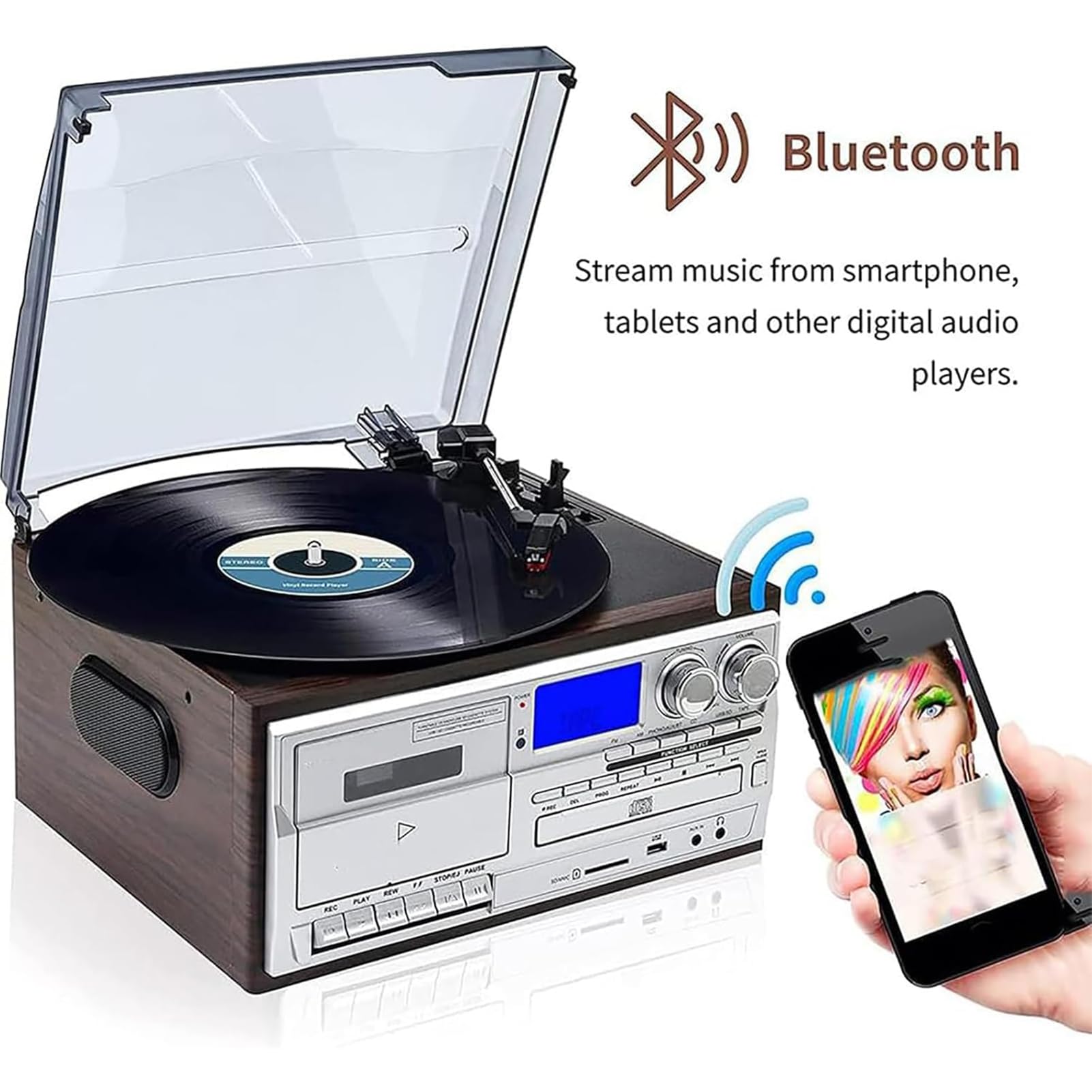 Giradischi Vinile, Giradischi a 3 Velocità con CD Cassetta Bluetooth | Giradischi Vintage con 33/45/78 RPM, Radio AM/FM, Altoparlanti Integrati, Audio Wireless Bluetooth per Musica Vinile CD(D)