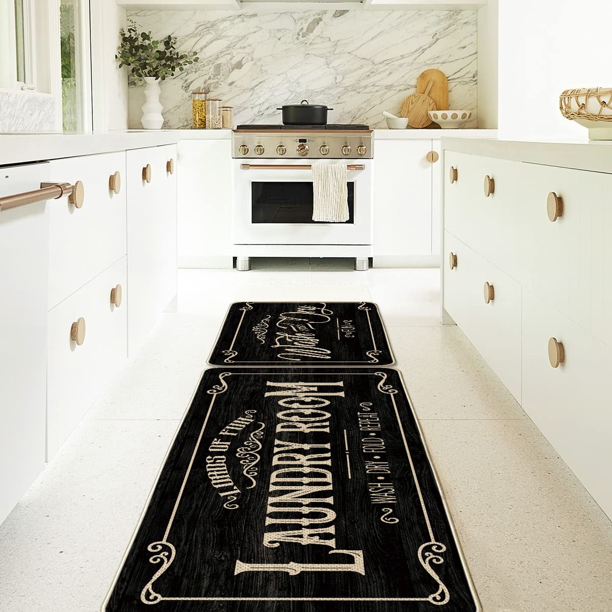 Artoid Mode Wash and Dry Laundry Room Loads of Fun Decorative Kitchen Mats Set of 2, Home Party Low-Profile Kitchen Rugs - 17x29 and 17x47 Inch
