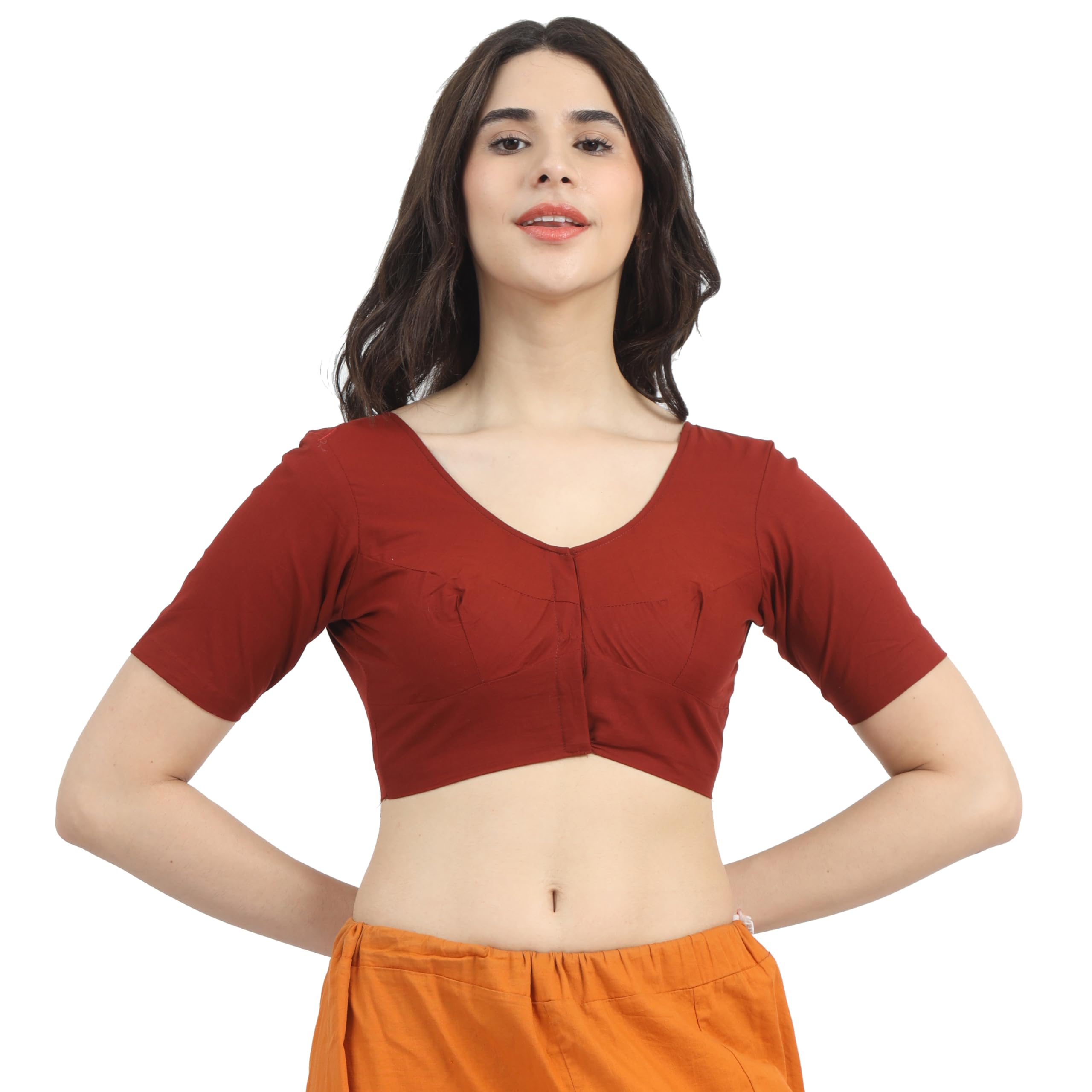 100% Cotton Saree Blouse (Bra Size Fitting) Front Open with Hook Half Sleeve Extra STITHC Margin Inside Seam Solid Colour 13 Rust Maroon - Size (38)-image-2