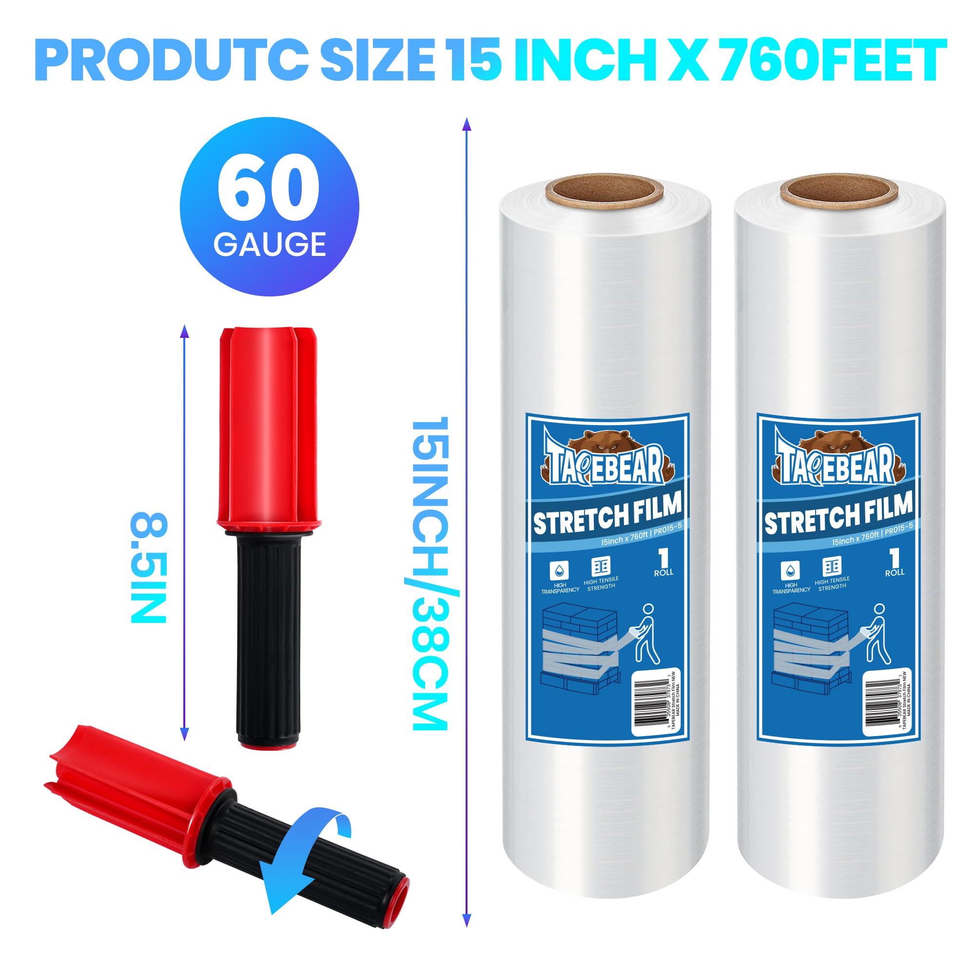 TAPEBEAR Film Transparente Para Embalar Con Asas Rollo, 38cm x 230M Resistencia Industrial Film Elástico de Plástico para Paletizar Embalaje, Mudanzas y Envoltura, 2 Rollos