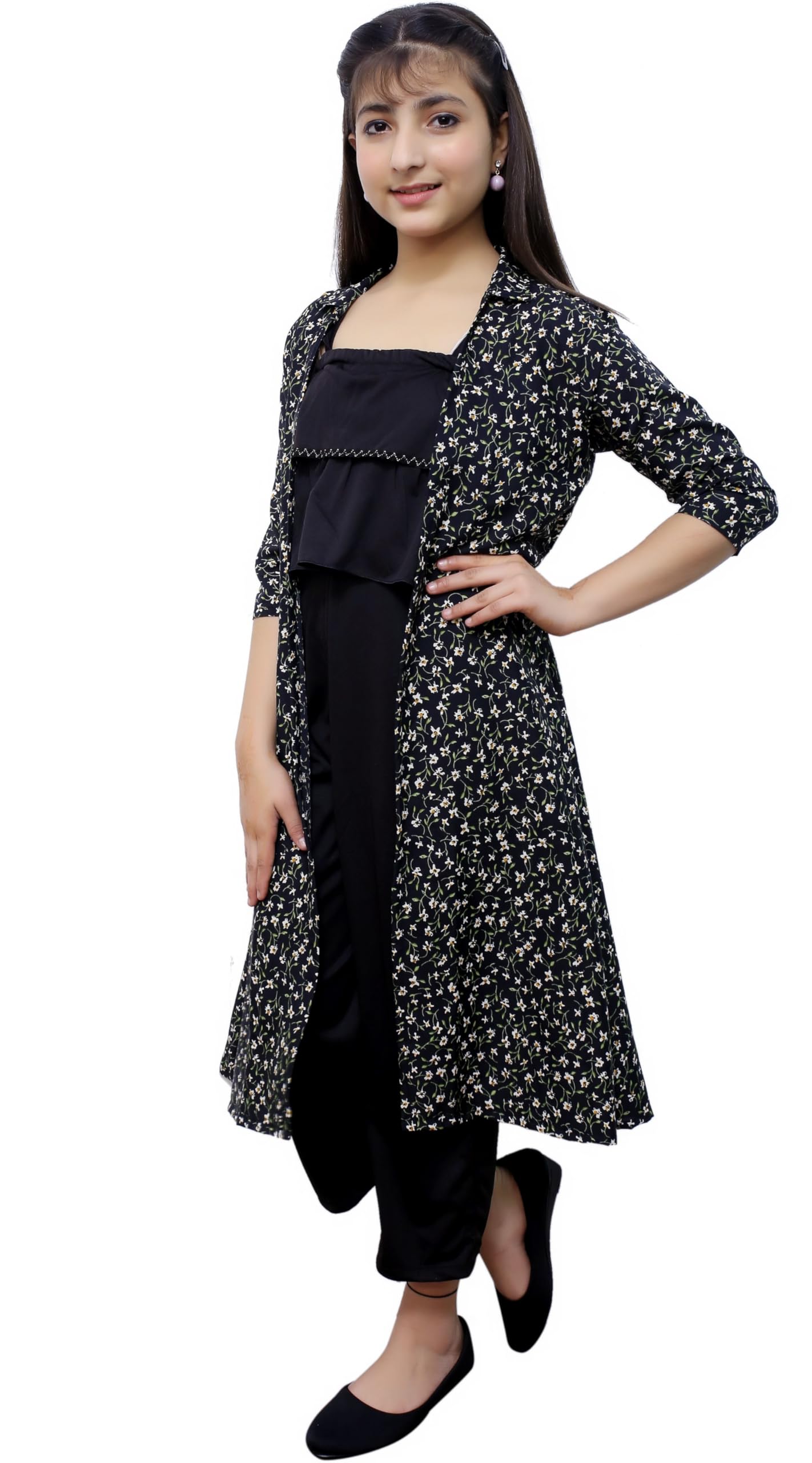 LIME 'N' LEMON Cotton Blend Regular Fit Round Neck Girls Casual Jumpsuit Shrug (Black) 13-14 Years 1