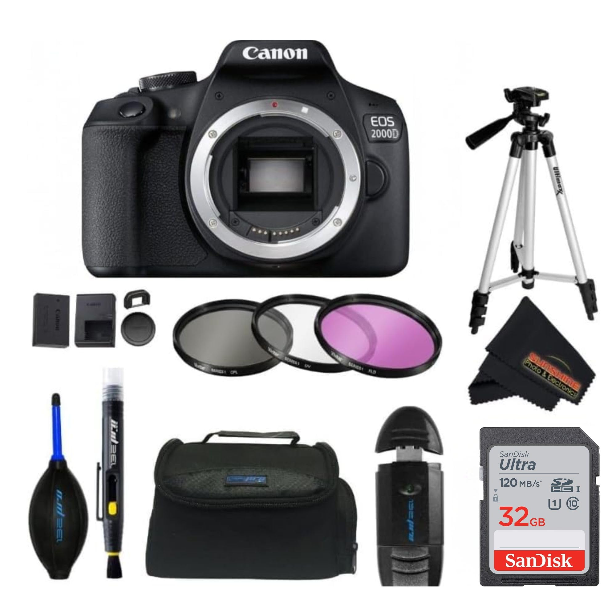 Canon EOS 2000D (Rebel T7) DSLR Camera + 18-55mm III Kit (Renewed) (Body Only (Intl Ver.) w/Advanced Accessories Bundle)