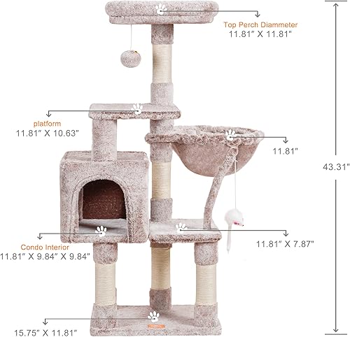 Miniatura 10 de Heybly Árbol para gatos con juguete, condominio de torre para gatos de interior, casa para gatos con perca de felpa acolchada, hamaca acogedora y