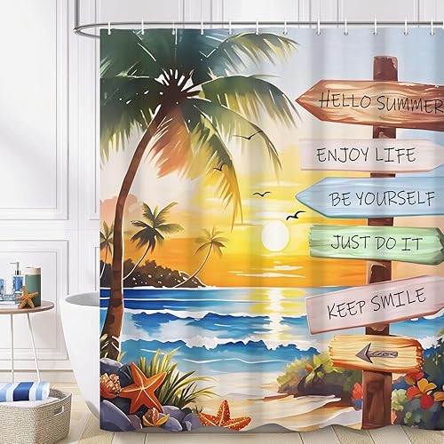 Miniatura 21 de Cortina de ducha náutica costera, cortina de baño con temática de playa oceánica, estrella de mar y coral, decoración de baño, tela impermeable
