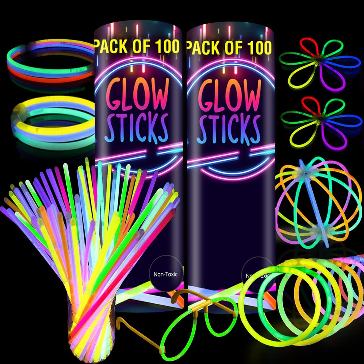 Glow Sticks Bulk -205-Pcs- Glow in The Dark 100 Party Sticks -Supplies w/ Eye Glasses kit-Bracelets Necklaces and more-12 Hours Glow Party Pack 8 inch for Kids Camping Accessories : Everything Else