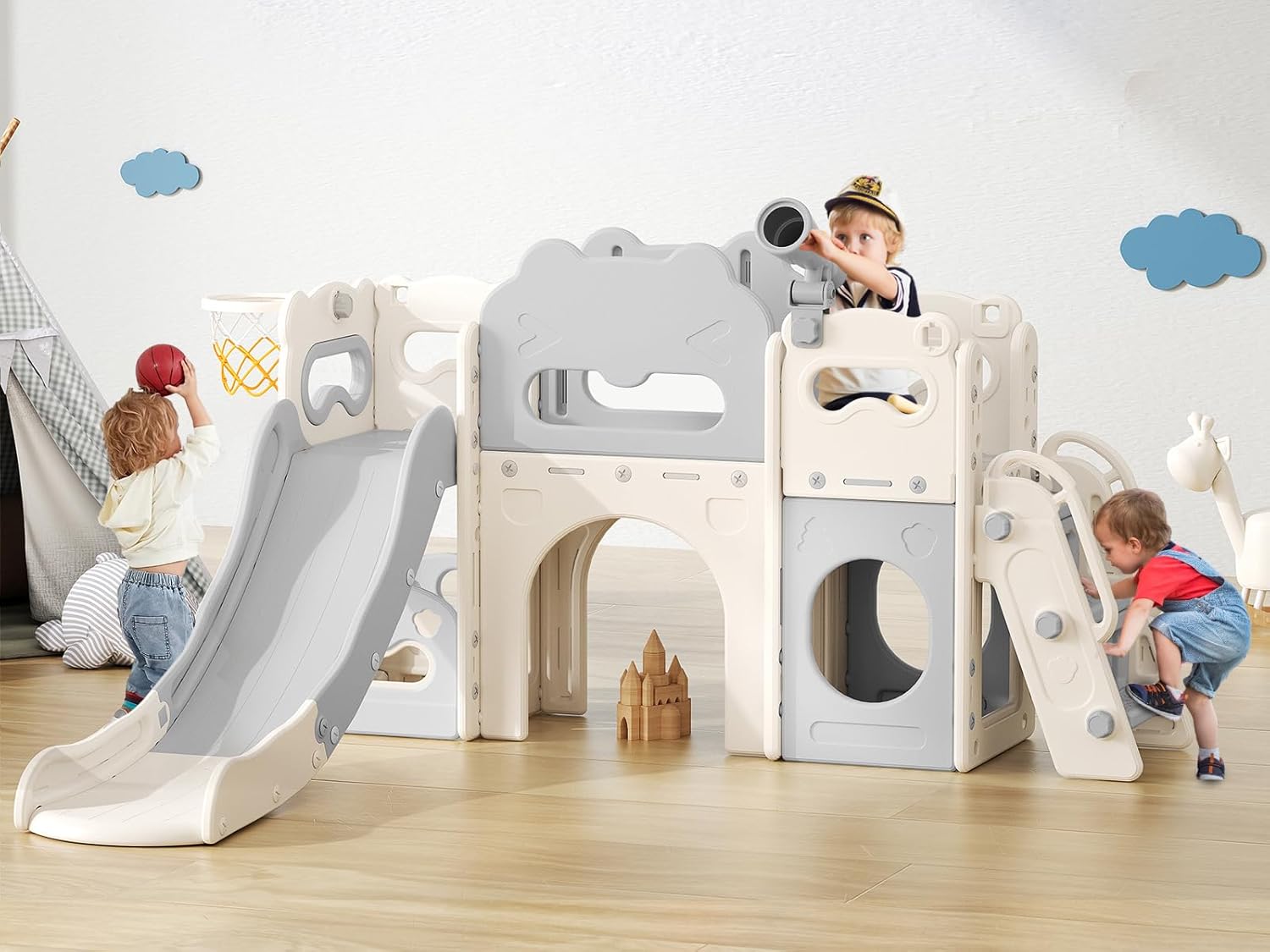 Toddler Slide Indoor, 8 in 1 Indoor Playground for Kids 1-3 Toddler Playset with Climber, Basketball Hoop, Tunnel and Storage Space Kids Outdoor Slide Playset (Grey)