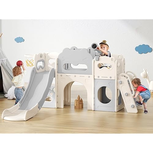 Toddler Slide Indoor, 8 in 1 Indoor Playground for Kids 1-3 Toddler Playset with Climber, Basketball Hoop, Tunnel and Storage Space Kids Outdoor Slide Playset (Grey)