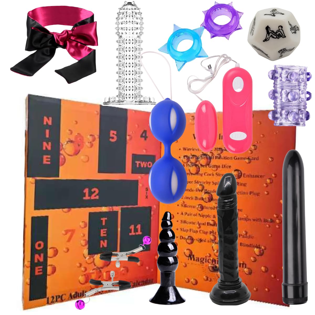 Magicnitz Advent Calendar 2024 Bondage set Adult Toys 12Pcs Vibrator Realistic Penic Cock Ring Anal Beads Nipple Clamps Adult Advent Calendar with 12 Intimate Toys and Accessories